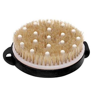 Avilana Exfoliating Dry Brush for Wet or Dry Brushing, Body Brush with Natural Bristle,Glowing Skin, Cellulite Treatment, Lymphatic Drainage and Improved Circulation (Black-Round with Massage Nodule)
