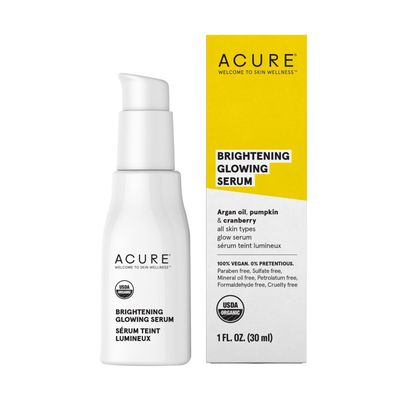 Acure Brightening Glowing Serum - Revitalize &amp; Hydrate Face &amp; Neck - Argan Oil, Pumpkin &amp; Cranberry - Antioxidant Protection for All Skin Types- All Natural Hydrating Formula - 100% Vegan, 1 Fl Oz