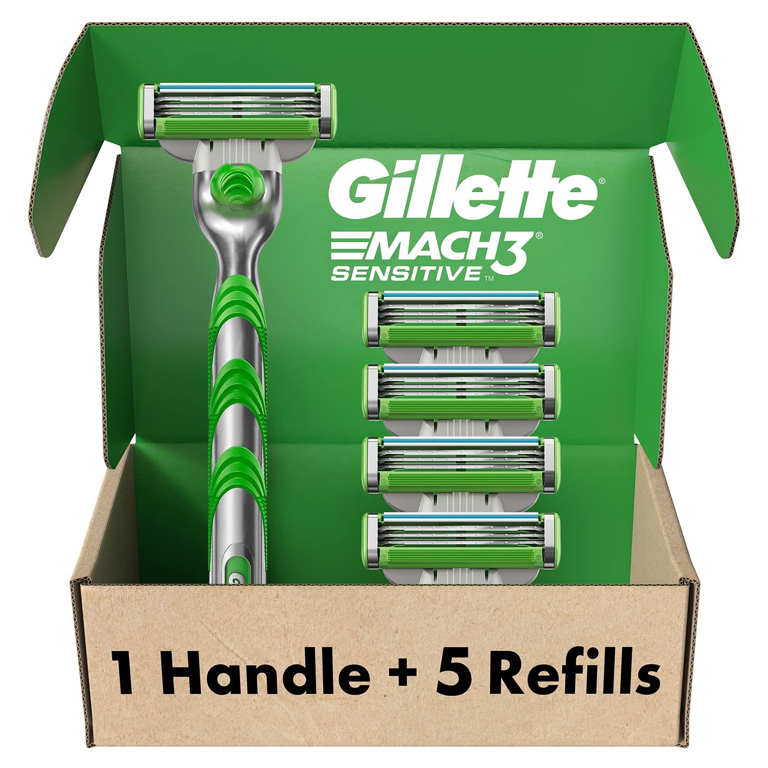 Gillette Mach3 Sensitive Razors for Men, 1 Razor, 5 Razor Blade Refills, Designed for Sensitive Skin