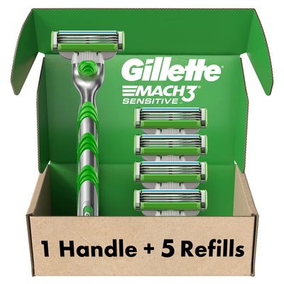 Gillette Mach3 Sensitive Razors for Men, 1 Razor, 5 Razor Blade Refills, Designed for Sensitive Skin