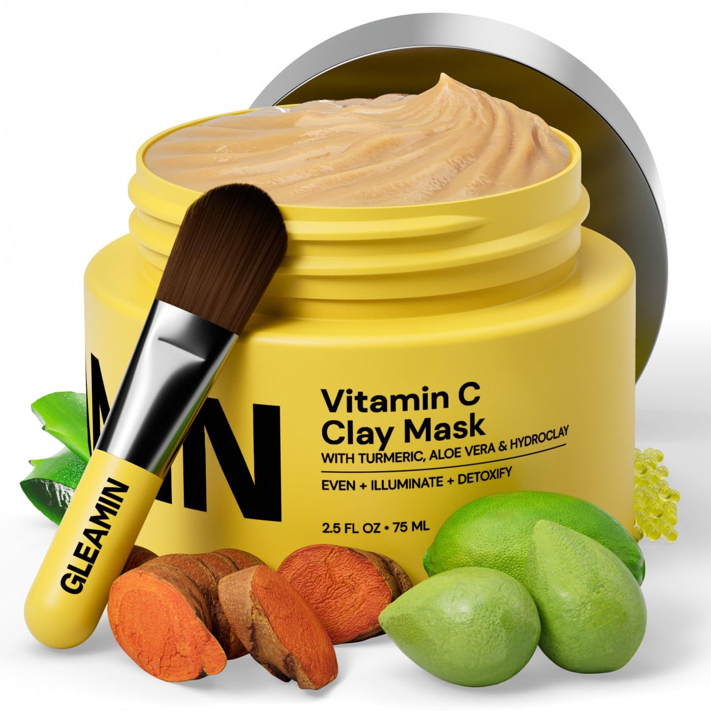 Gleamin Vitamin C Clay Mask for Dark Spots,10-Minutes Turmeric Clay Face Mask Skin Care, Deep Cleansing Pores - Facial Improves Uneven Tone, Post-Blemish, Visibly Brighten, Scarring &amp; Texture - 2.5 Oz
