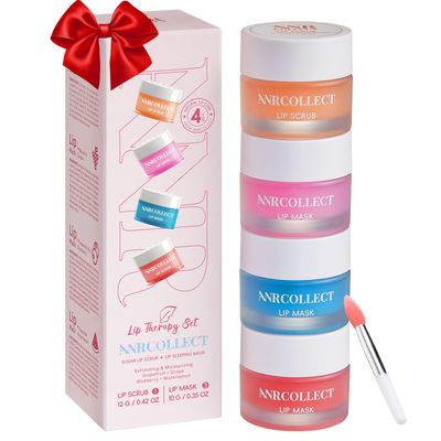 ANRCOLLECT Lip Mask Set, 3 Overnight Lip Mask +1 Lip Scrub, Gift Set for Lip Care, Overnight Intensive Treatment Revives &amp; Hydrates, Lips Moisturizer Kit for Dry Cracked Lips, 4Pack Stocking Stuffer