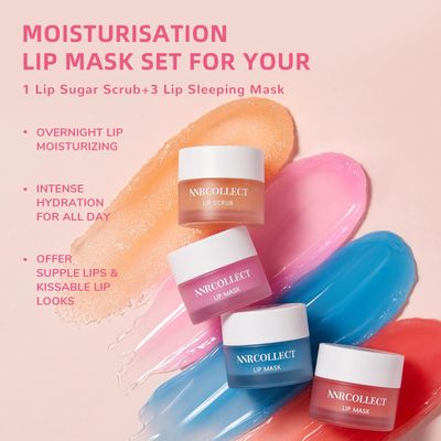 ANRCOLLECT Lip Mask Set, 3 Overnight Lip Mask +1 Lip Scrub, Gift Set for Lip Care, Overnight Intensive Treatment Revives &amp; Hydrates, Lips Moisturizer Kit for Dry Cracked Lips, 4Pack Stocking Stuffer