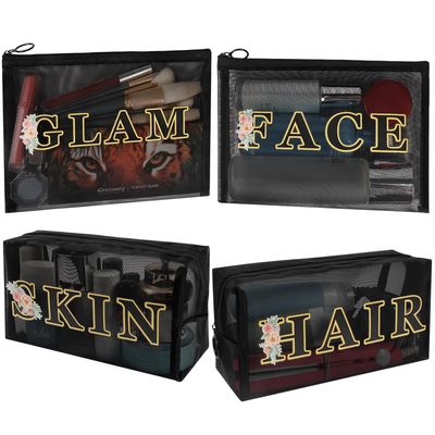 besharppin 4 Pack Letter Cosmetic Bags, Nylon Mesh Makeup Bag Set, Travel Essentials Pouch Set Print with SKIN HAIR FACE GLAM Letter (Black)