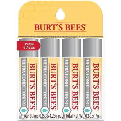 Burt&#39;s Bees Lip Balm Valentines Day Gifts, Moisturizing Lip Care, 100% Natural, Ultra Conditioning with Shea, Cocoa &amp; Kokum Butter (4 Pack)