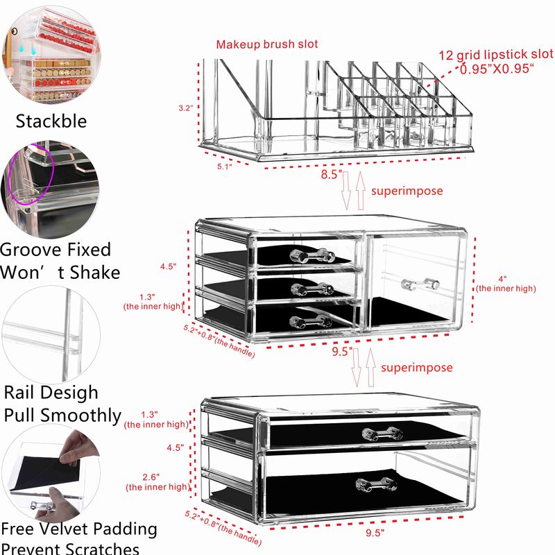 Cq acrylic 3 Pack Clear Makeup Organizer Countertop, Stackable 6 Drawers Skincare Organizer,Cute Skin Care Organizer for Vanity Hair Clip,Jewelry,Beauty Product Desk and Make Up Organizers for Vanity