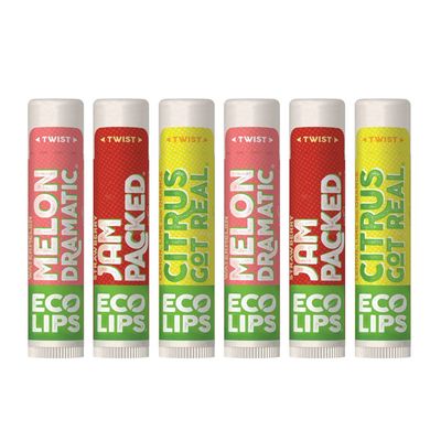 Eco Lips Freshly Squeezed Organic Fruit Lip Balms - Citrus Got Real (Lemon/Lime), Melondramatic (Watermelon), Jam Packed (Strawberry) Plastic-Free Plant Pod 6-pack by Eco Lips 100% Natural.