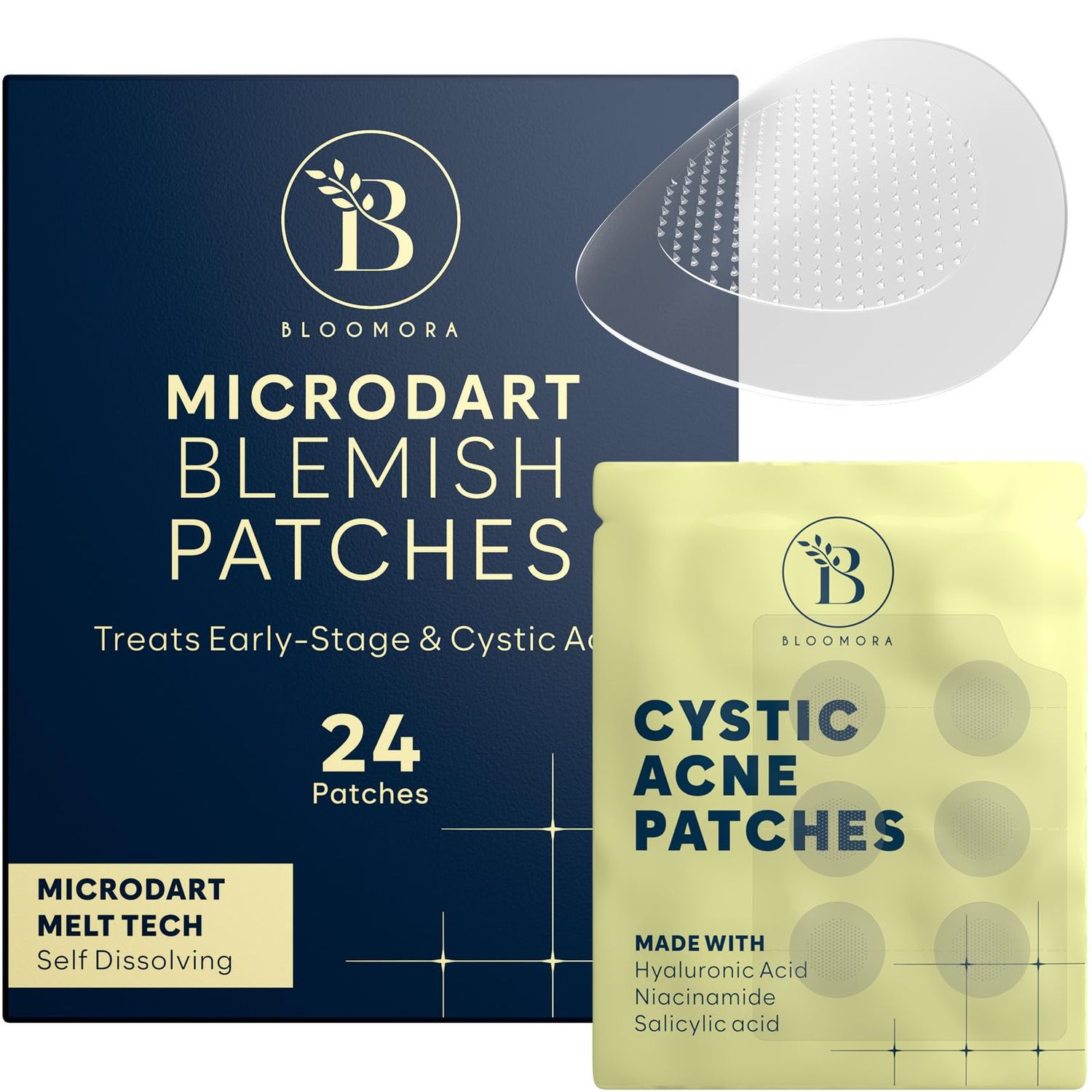BLOOMORA Microdart Acne Patch, Cystic Acne Treatment, Zit Patches for Cystic Acne Overnight Treatment, Pimple Patches Microdart Technology - Salicylic &amp; Hyaluronic Acid (24 Count)