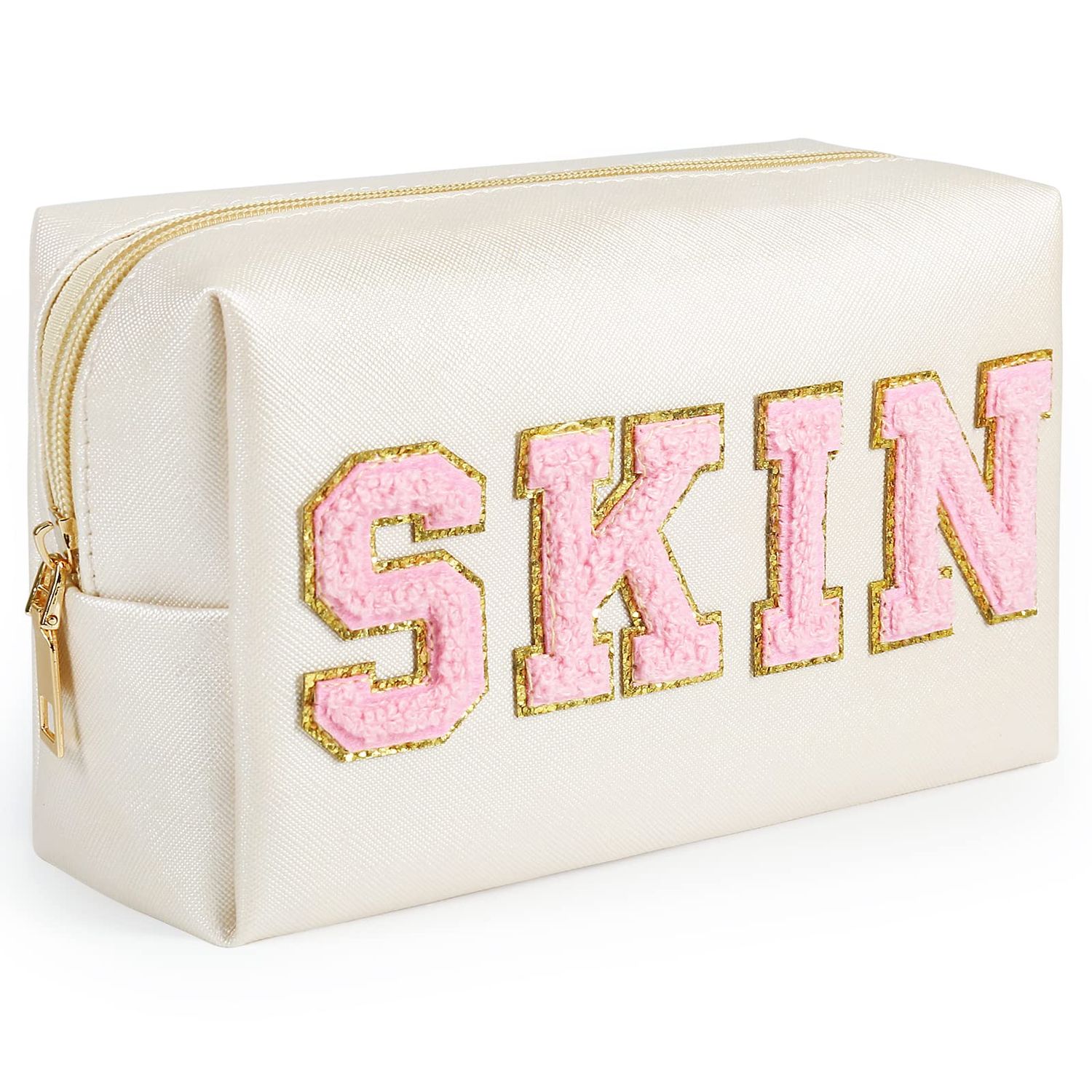 besharppin Preppy Makeup Bag, Synthetic Leather Patch Cosmetic Bag with SKIN Chenille Letter for Travel, Gift for Girlfriend or Wife, Present for Girls, Daughter, Sister and Mother