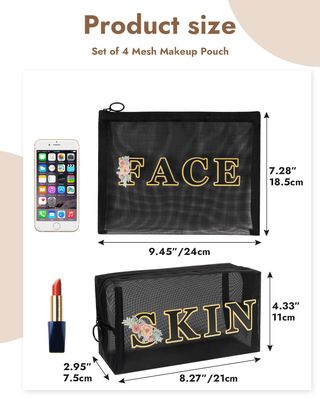 besharppin 4 Pack Letter Cosmetic Bags, Nylon Mesh Makeup Bag Set, Travel Essentials Pouch Set Print with SKIN HAIR FACE GLAM Letter (Black)