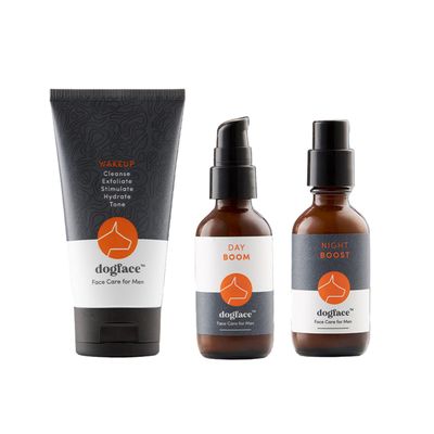 Dogface Men&#39;s Skincare Set Wakeup Gel Daily Face Wash to Exfoliate, Hydrate &amp; Tone Skin, Day Boom Moisturizer, Night Boost Night Cream Retinol Serum