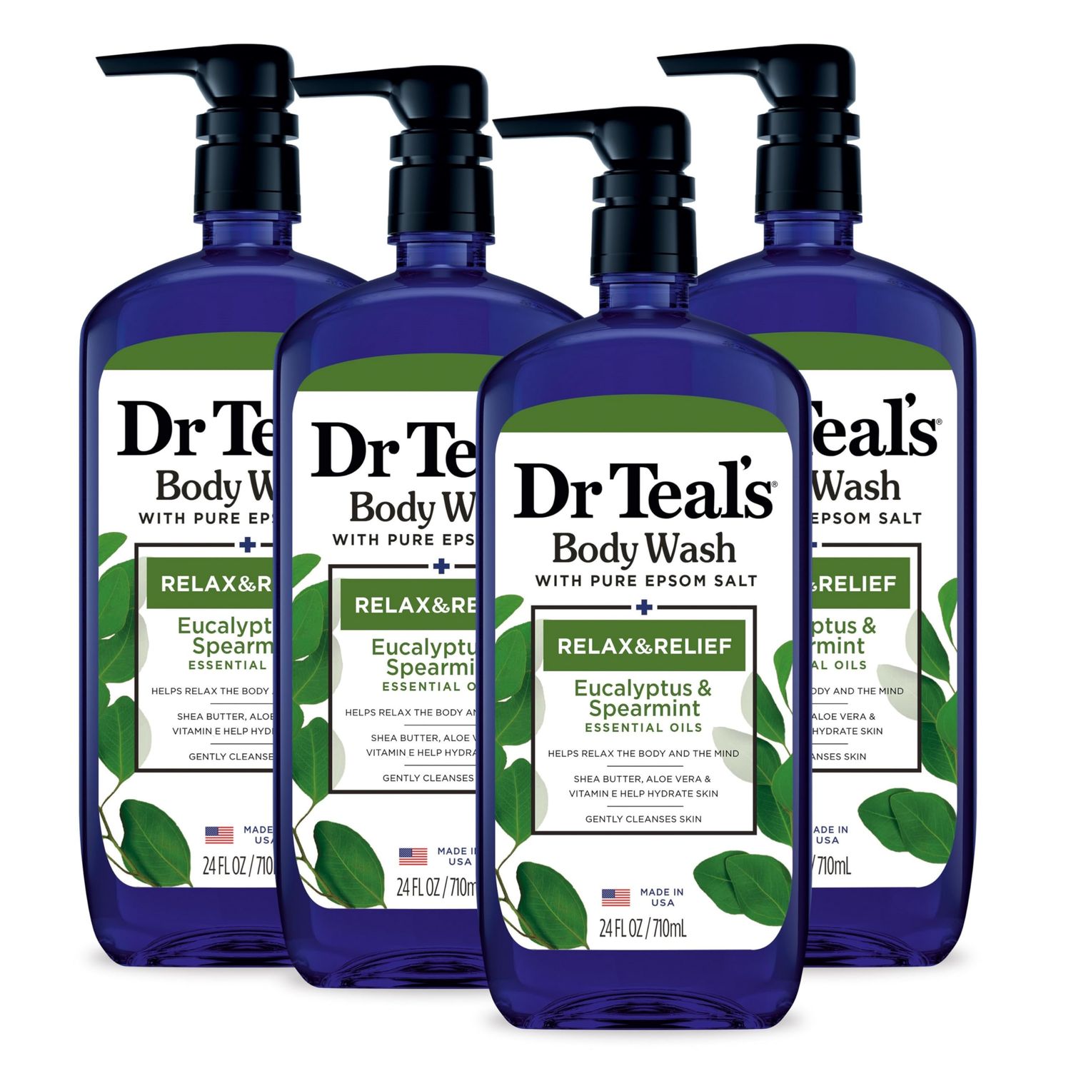 Dr Teal&#39;s Body Wash with Pure Epsom Salt, Relax &amp; Relief with Eucalyptus &amp; Spearmint, 24 fl oz (Pack of 4) (Packaging May Vary)
