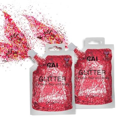 Body Glitter Gel- Face, Body &amp; Hair (2 Pk Red/Red) Chunky Iridescent Holograph Stars &amp; Moon, 6 oz | Cosmetic-Grade Makeup, Apply Without Glue, Easy to Take Off &amp; Keep Skin Clean at Raves
