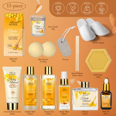 Bath &amp; Body Gift Set, Luxury Home Spa Bath Gift Basket, Honey Almond Scented Bath Set, Pamper Gifts for Women &amp; Teens, 15 Pcs Relaxing Home Spa Kit with Bubble Bath, Bath Salts, Body Lotion