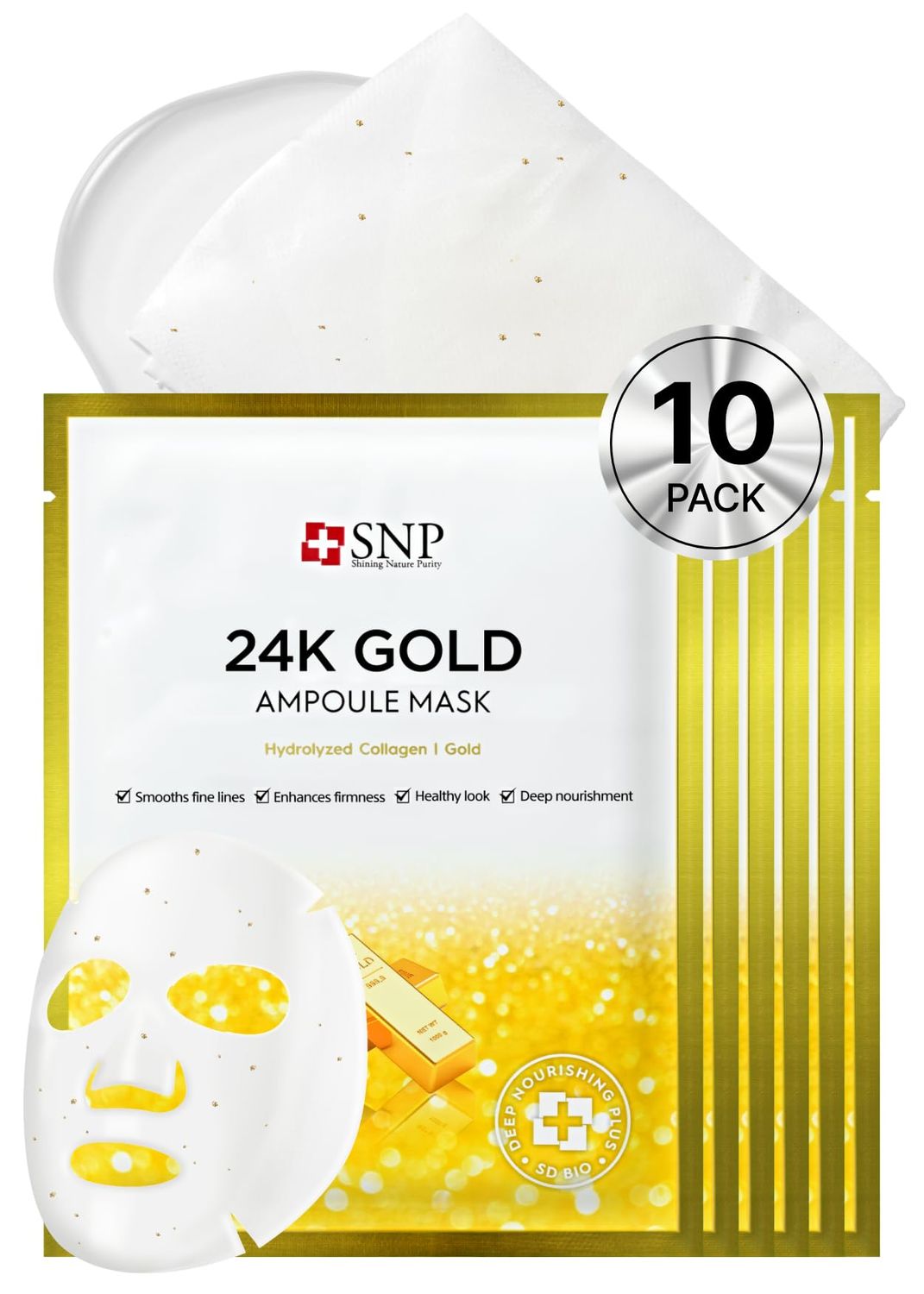 [K Beauty Snp] 24K Gold Ampoule Sheet Mask | Aging Prevention Face Mask | For Tightening, Hydrating, and Nourishing | Korean Skin Care | Overnight Face Masks | Moisturizing Sheet Mask | 10 Sheets