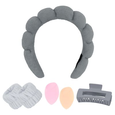CAVETEE Skincare Headband for Washing Face, Spa Headband Wristband, Hair Claw Clips and Makeup Sponge,Bubble Headband Makeup Headband for Women Girls