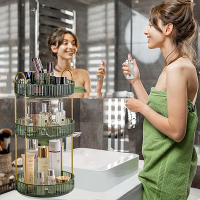 360 Rotating Makeup Organizer, Large-Capacity Skincare Make Up Storage 3 Tier Perfume Organizers Cosmetic Dresser Organizer with Makeup Brush Holder, Fits Bedroom, Bathroom, Vanity Shelf Countertop