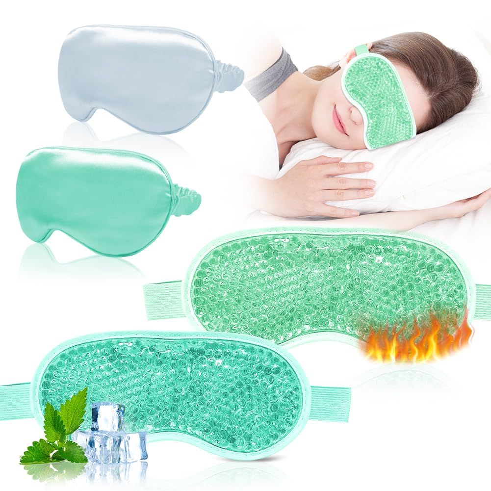Cooling Eye Mask and Silky Sleep Mask 4 Packs for Man Women for Sleeping Frozen Ice Eye Mask Cold Warm Compress Puffiness Dry Eyes Dark Circles Gifting