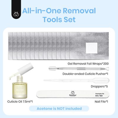 Beetles Gel Polish Remover Nail Foil Wraps 200Pcs, Nail Gel Removal Tool for Soak Off Gel Polish with Thicken Large Cotton Pad, Cuticle Oil & Cuticle Pusher, Droppers for Manicure Care