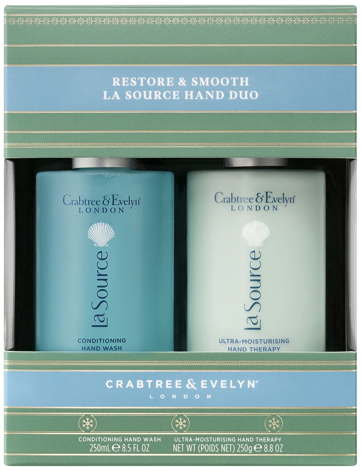 CRABTREE AND EVELYN LA SOURCE RESTORE &amp; SMOOTH HAND DUO HAND WASH 8.5 FLOZ/HAND THERAPY 8.8 OZ