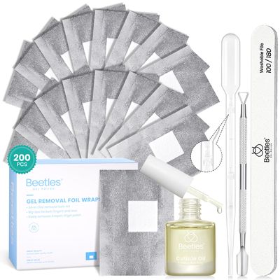 Beetles Gel Polish Remover Nail Foil Wraps 200Pcs, Nail Gel Removal Tool for Soak Off Gel Polish with Thicken Large Cotton Pad, Cuticle Oil &amp; Cuticle Pusher, Droppers for Manicure Care