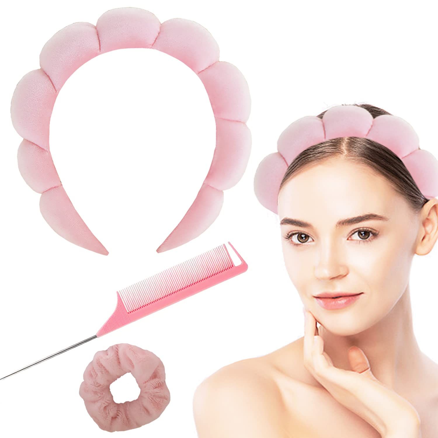 3 Pack Spa Sponge Headband for Women Girls Hair Accessories, Terry Towel Cloth Fabric Soft Headbands for Makeup Removal, Washing Face, Shower, Skin Care Hair Band Set with Hair loop and Comb(Pink)