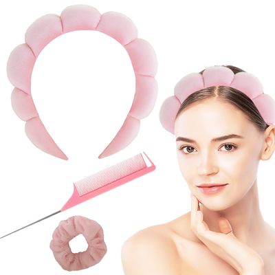 3 Pack Spa Sponge Headband for Women Girls Hair Accessories, Terry Towel Cloth Fabric Soft Headbands for Makeup Removal, Washing Face, Shower, Skin Care Hair Band Set with Hair loop and Comb(Pink)