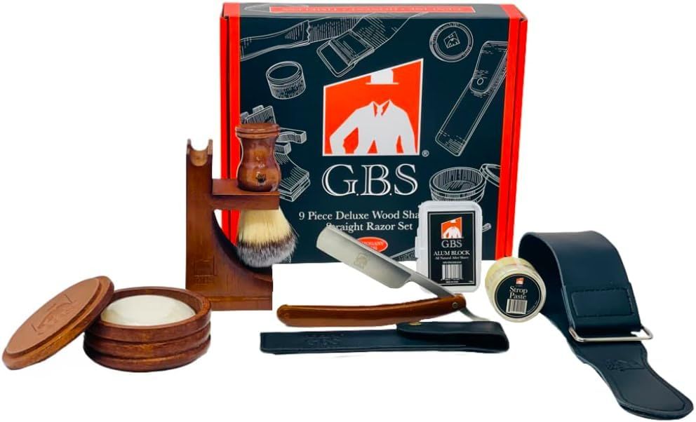 G.B.S Complete Professional Wet Shave Kit Shaving Set- Shave Box Includes 5/8&quot; Inch Carbon Steel Straight Razor with Wooden Handle, Synthetic Hair Shave Brush, Wood Shave Soap Bowl
