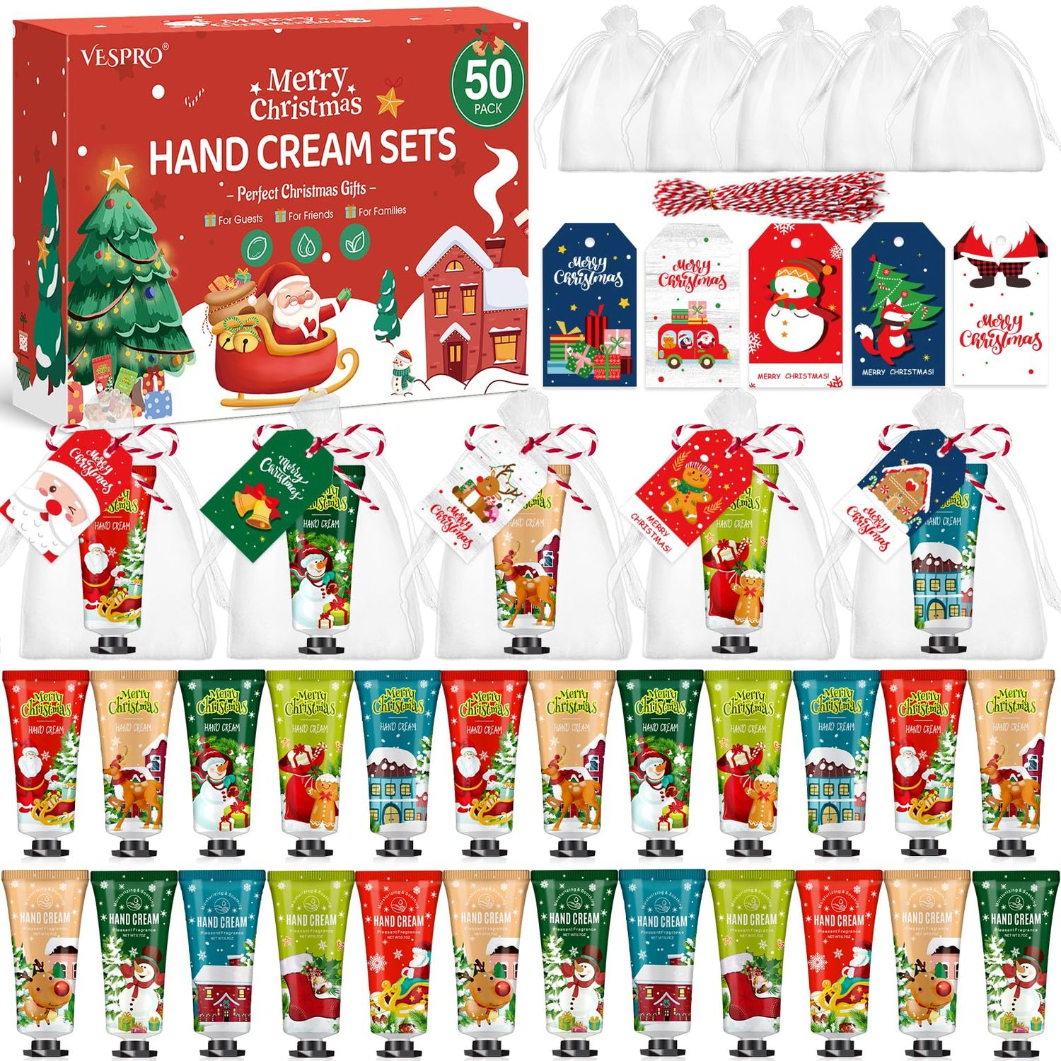 50 Sets Christmas Hand Cream Gift for Women, Hand Lotion for Christmas Party Favors with Christmas Cards and Organza Gift Bags, Christmas Decorations and Stocking Stuffers Gifts for Women