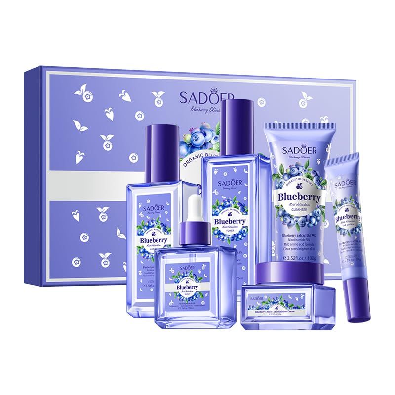Blueberry Skin Care Set, 6-In-1 Skincare Gift Set With Facial Cleanser, Face Cream, Eye Cream, Serum, Lotion, Toner, Hydrating Skincare Gift Set For Women