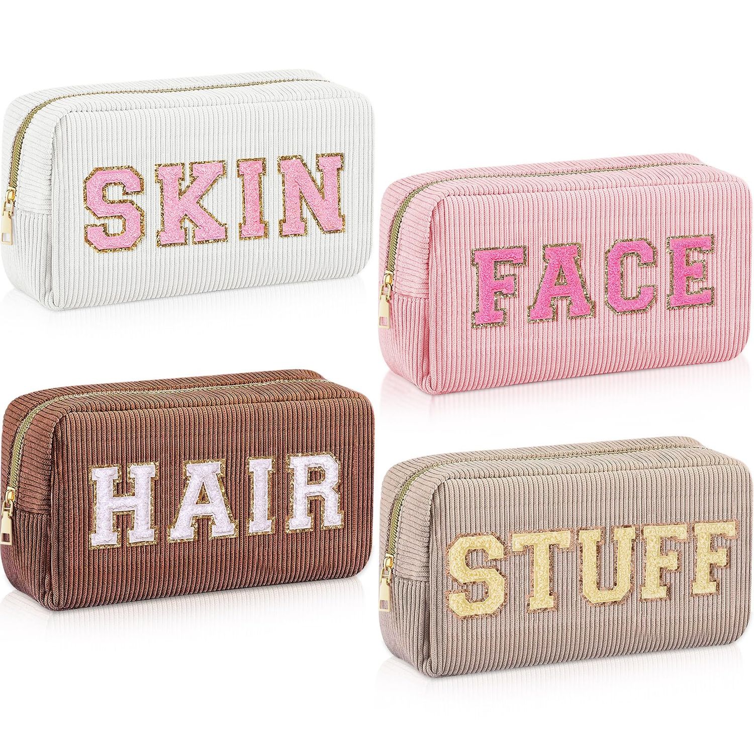 Giesiery 4 Pcs Makeup Bags Chenille Letter Cosmetic Pouch Zipper Preppy Makeup Bag Portable Hair Face Skin Stuff Travel Bags with Patches Makeup Organized Bag Set for Women