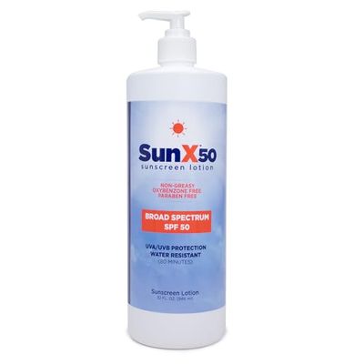 CoreTex Sun X 50 SPF Sunscreen Lotion (32oz. Bottle) - Free of Parabens, Oxybenzone, &amp; Octinoxate - Oil Free, Broad Spectrum (UVA/UVB) Sunscreen - Water &amp; Sweat Resistant up to 80 Min.