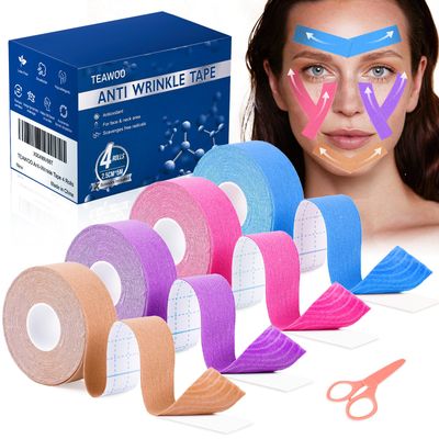 Anti-Wrinkle Tape | Facial Myofascial Lift Tape for Skin Firming, Toning &amp; Tightening | Lift Tape for Face, Neck &amp; Forehead | Smooths Wrinkles, Lifts Skin Anti-Aging Face Patches (4 Colors Assorted)