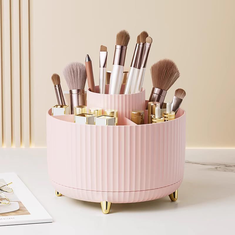 360 Degree Rotating Makeup Brush Holder Organizer Detachable Design 5 Slot Make up Brushes Cup for Cosmetics and Pencil Pen Organizer for Desk Makeup Organizer Skincare Storage for Vanity (pink2)