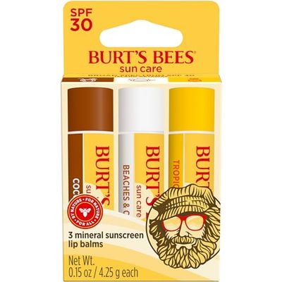 Burt&#39;s Bees Island Getaway Sun Care SPF 30 Lip Balm Stocking Stuffers, Water-Resistant Lip Moisturizer Christmas Gifts, Nano-Free Zinc Oxide Formula, Natural Conditioning Lip Treatment (3-Pack)