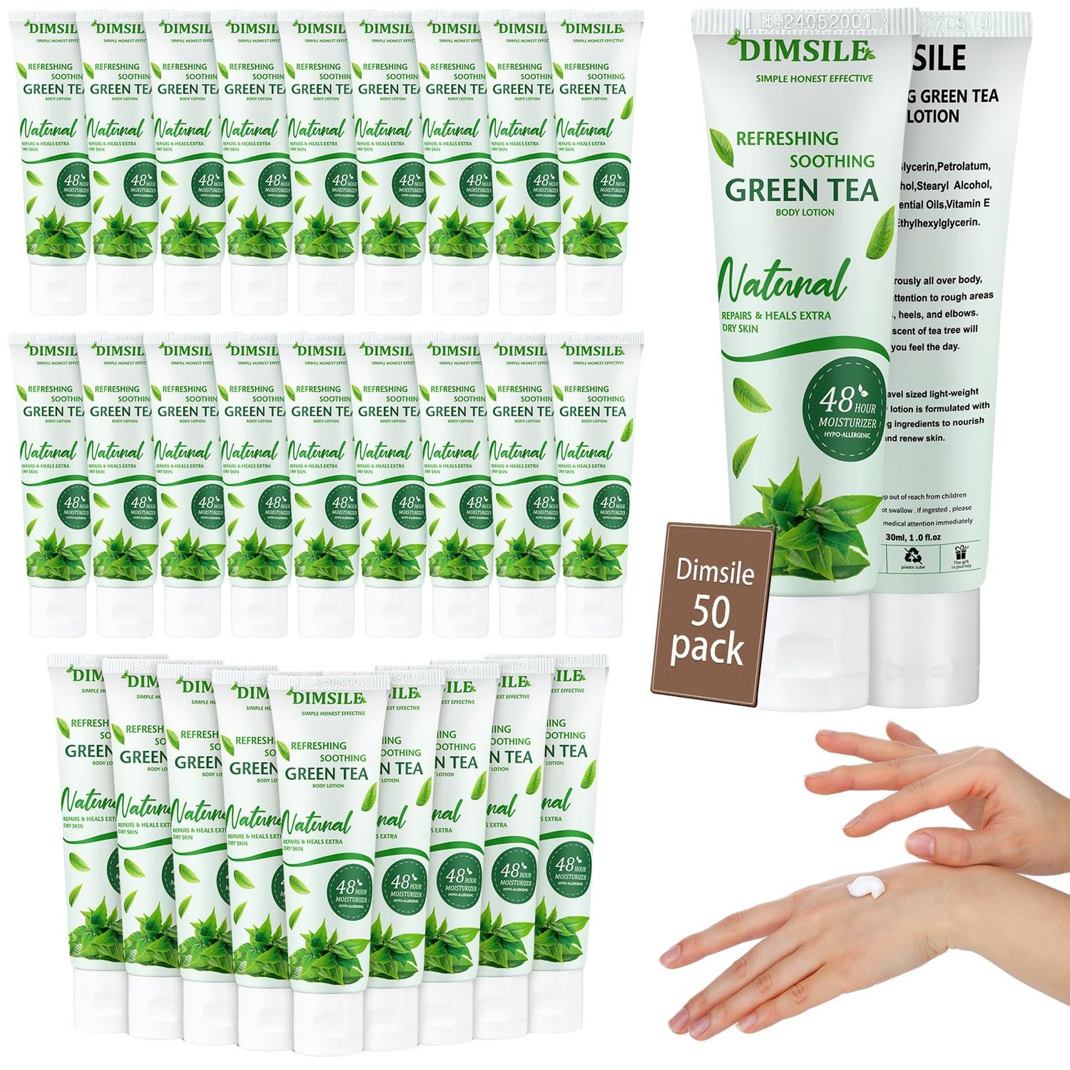 Dimsile 50 Pack Green Tea Travel Size Body Lotion 1 Oz Dry Skin Moisturizer with Flip Cap for Extra Dry Skin, for Inns and Hotels, Airlines, Offices, Gyms and More