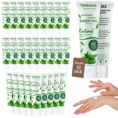 Dimsile 50 Pack Green Tea Travel Size Body Lotion 1 Oz Dry Skin Moisturizer with Flip Cap for Extra Dry Skin, for Inns and Hotels, Airlines, Offices, Gyms and More
