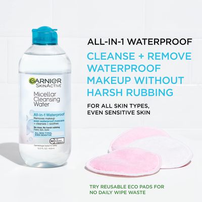 Garnier Micellar Water for Waterproof Makeup, Hydrating Facial Cleanser & Makeup Remover, Suitable for Sensitive Skin, Vegan, Cruelty Free, 13.5 Fl Oz (400mL), 2 Count