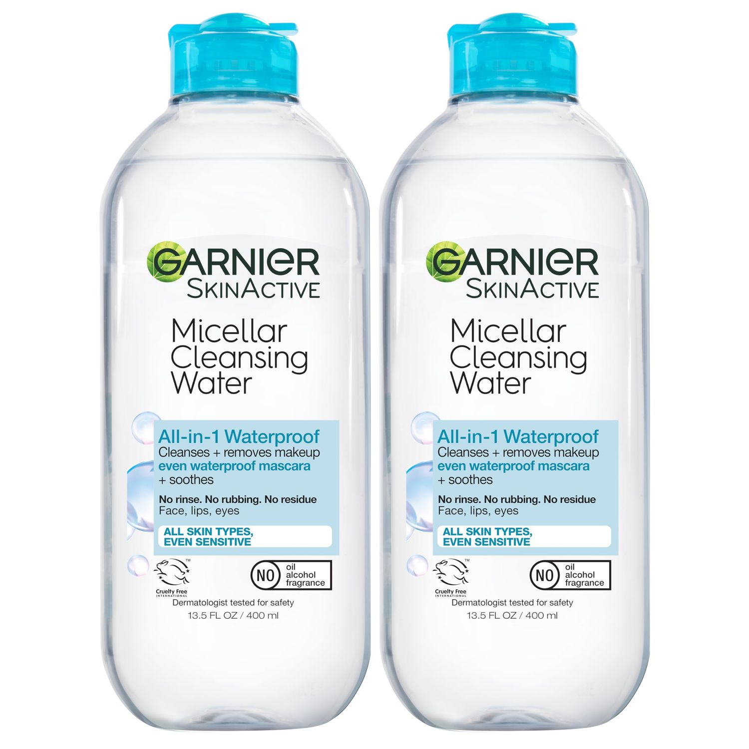 Garnier Micellar Water for Waterproof Makeup, Hydrating Facial Cleanser &amp; Makeup Remover, Suitable for Sensitive Skin, Vegan, Cruelty Free, 13.5 Fl Oz (400mL), 2 Count