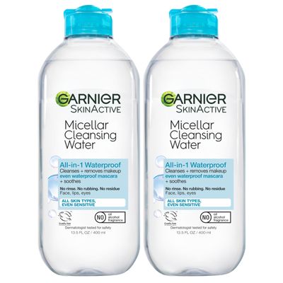 Garnier Micellar Water for Waterproof Makeup, Hydrating Facial Cleanser &amp; Makeup Remover, Suitable for Sensitive Skin, Vegan, Cruelty Free, 13.5 Fl Oz (400mL), 2 Count