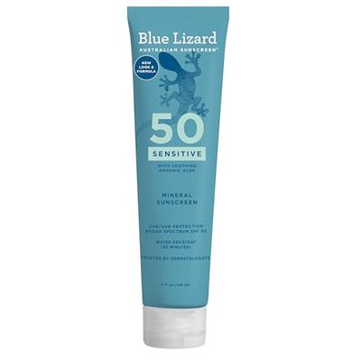 BLUE LIZARD Sensitive Mineral Sunscreen with Zinc Oxide 50+ Water Resistant UVAUVB Protection with Smart Cap Technology Fragrance Free, Sensitve, SPF 50 - - Tube, Unscented, 5 Fl Oz