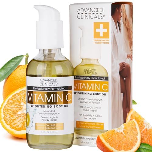 Advanced Clinicals Vitamin C Body Oil Skin Care Moisturizer W/Vitamin E &amp; Turmeric - Nourishing, Brightening, &amp; Hydrating Body Oil To Improve Look Of Dark Spots, Dry Skin, &amp; Stretch Marks, 3.8 Fl Oz