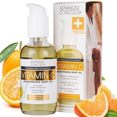 Advanced Clinicals Vitamin C Body Oil Skin Care Moisturizer W/Vitamin E &amp; Turmeric - Nourishing, Brightening, &amp; Hydrating Body Oil To Improve Look Of Dark Spots, Dry Skin, &amp; Stretch Marks, 3.8 Fl Oz