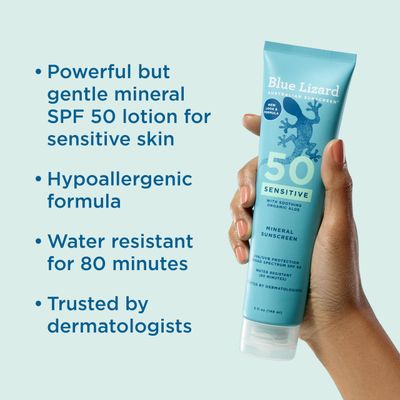 BLUE LIZARD Sensitive Mineral Sunscreen with Zinc Oxide 50+ Water Resistant UVAUVB Protection with Smart Cap Technology Fragrance Free, Sensitve, SPF 50 - - Tube, Unscented, 5 Fl Oz