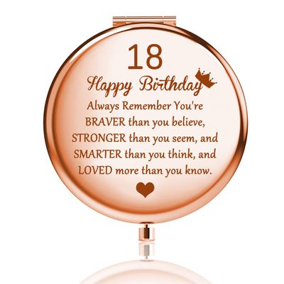 FUSTMW Happy 18th Birthday Gifts Mirror 18 Birthday Gifts for Her Turning 18 Years Old Gifts Rose Gold 18th Bday Mini Makeup Mirror 2 x 1x Magnification (Rose Gold)