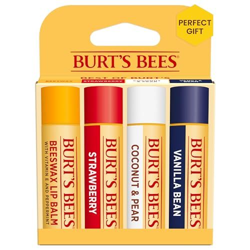 Burt&#39;s Bees Lip Balm Stocking Stuffers, Moisturizing Lip Care Christmas Gifts, Original Beeswax, Strawberry, Coconut &amp; Pear, Vanilla Bean with Fruit Extracts, Natural Origin Lip Care (4-Pack)