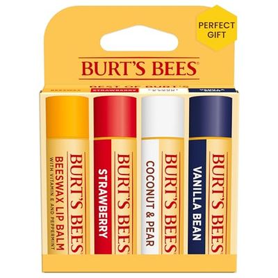 Burt&#39;s Bees Lip Balm Stocking Stuffers, Moisturizing Lip Care Christmas Gifts, Original Beeswax, Strawberry, Coconut &amp; Pear, Vanilla Bean with Fruit Extracts, Natural Origin Lip Care (4-Pack)
