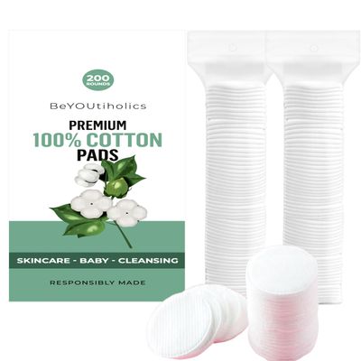 BeYOUtiholics Premium 100% cotton pads, 200 rounds - Skincare, Baby, Cleansing, Gentle &amp; soft, Hypoallergenic, Extra absorbent &amp; Lint free.