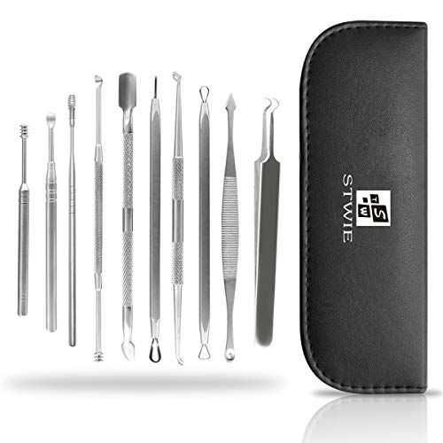 10pcs Pimple Popper Blackhead Remover Tool +Ear Wax Removal +Cuticle Pusher Stainless Steel Comedone Zit Blemish Acne Kit with Brush &amp; Leather Bag