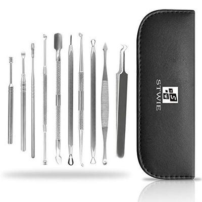 10pcs Pimple Popper Blackhead Remover Tool +Ear Wax Removal +Cuticle Pusher Stainless Steel Comedone Zit Blemish Acne Kit with Brush &amp; Leather Bag